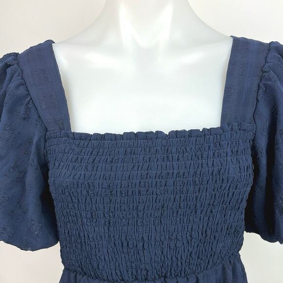 Midnight Doll Blue Smocked Square Neck Puff Sleeve A Line Mini Dress Size M - Picture 3 of 5
